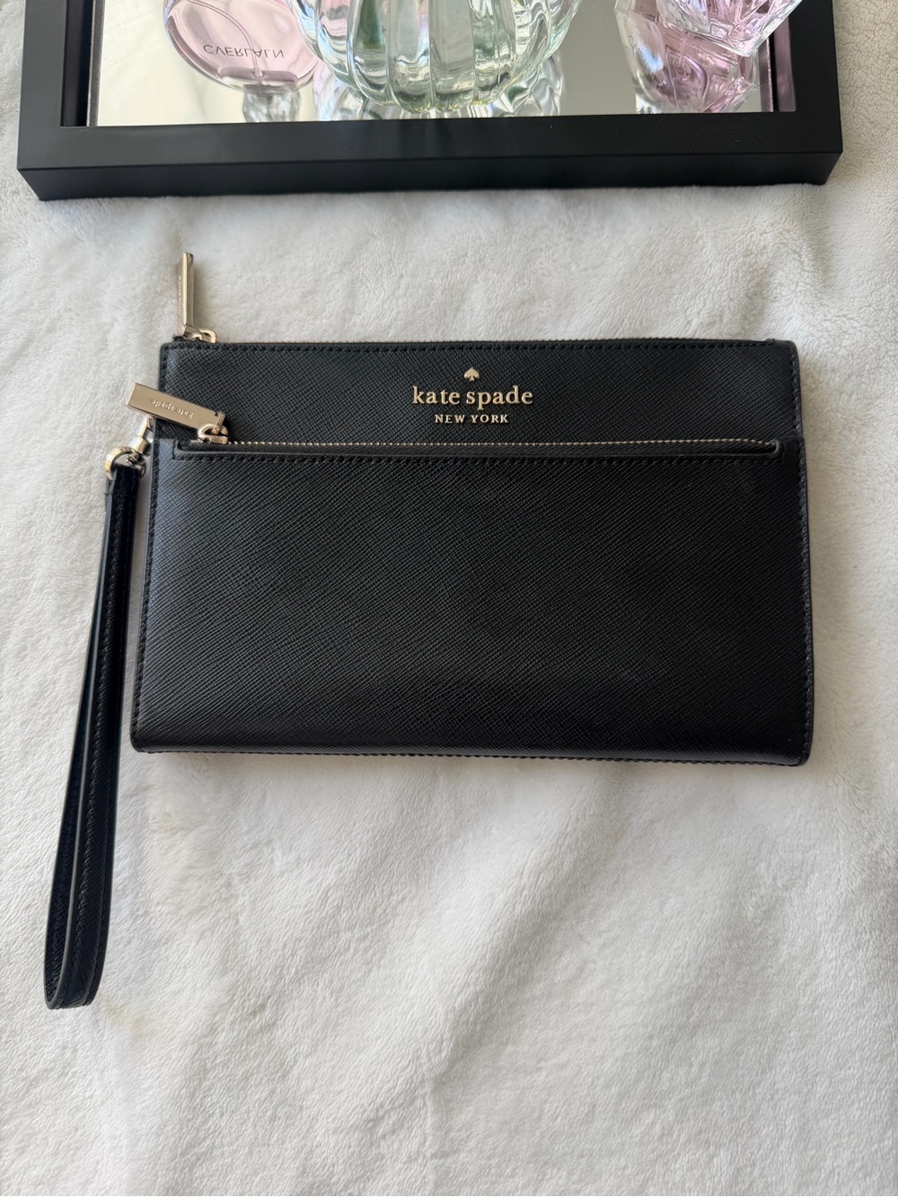 kate spade black Saffiano Leather Wristlet Clutch with Gold Logo